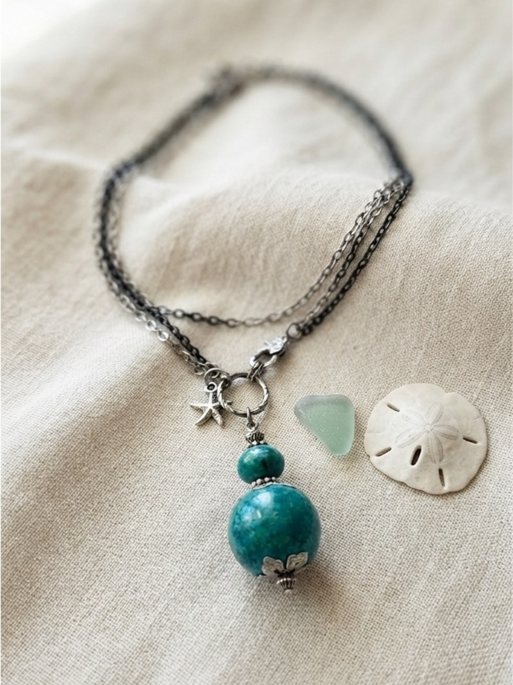 Vintage Mixed Metal Multi-Chain Necklace with Vibrant Chrysocolla Pendant